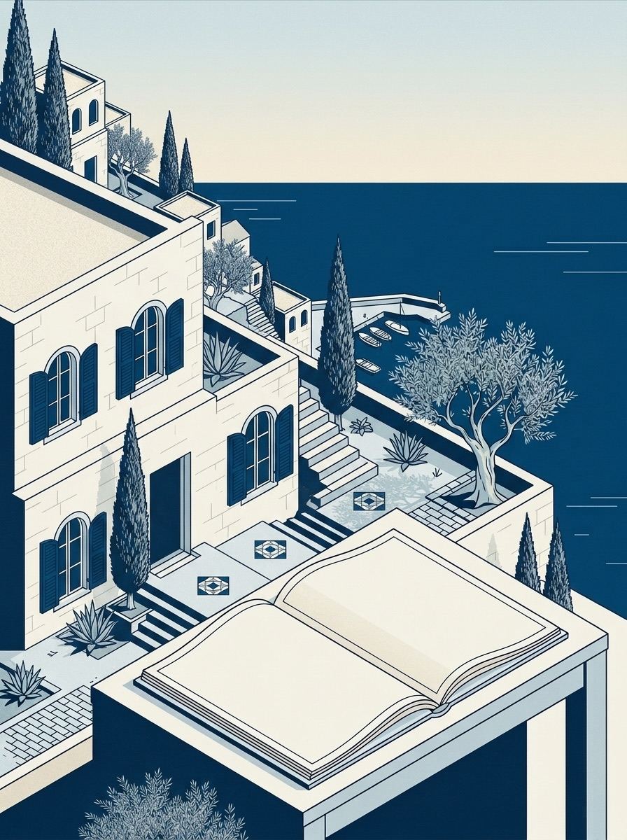 Village méditerranéen illustré surplombant la mer