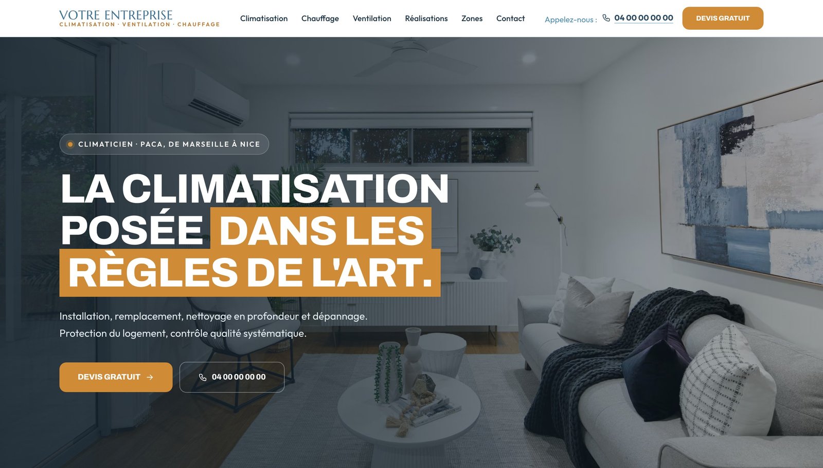 Page d'accueil du site d'une entreprise de climatisation