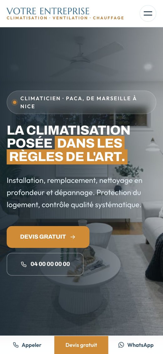 Le même site sur téléphone, avec sa barre Appeler, Devis, WhatsApp