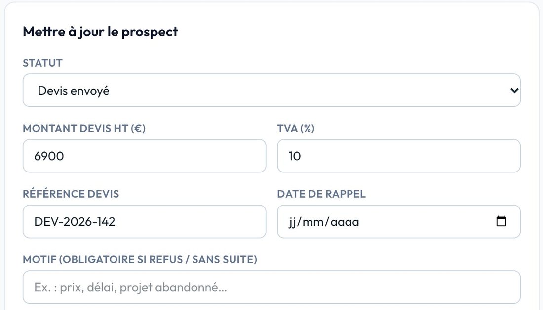 Formulaire de mise à jour d'une fiche : statut, montant du devis, référence et date de rappel