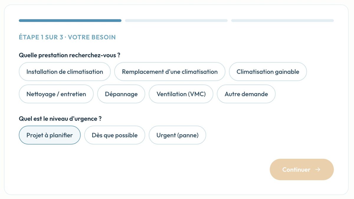 Formulaire de devis : choix de la prestation et du niveau d'urgence