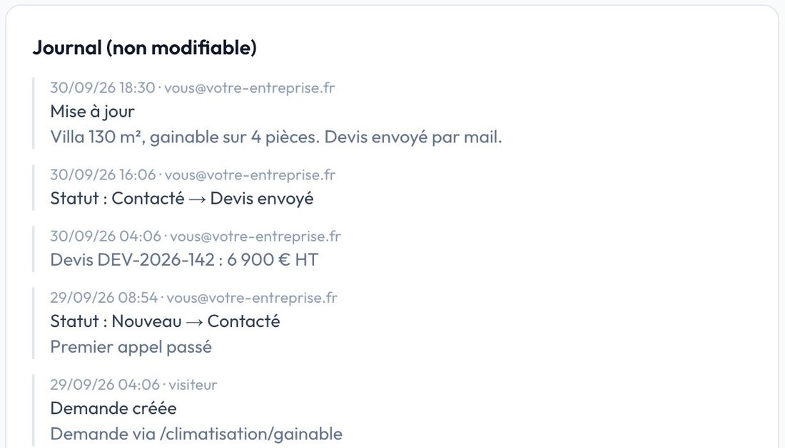 Journal daté d'une fiche client : demande, appel, devis, changement de statut