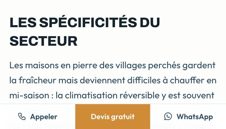 Barre fixe du site sur téléphone : Appeler, Devis gratuit, WhatsApp