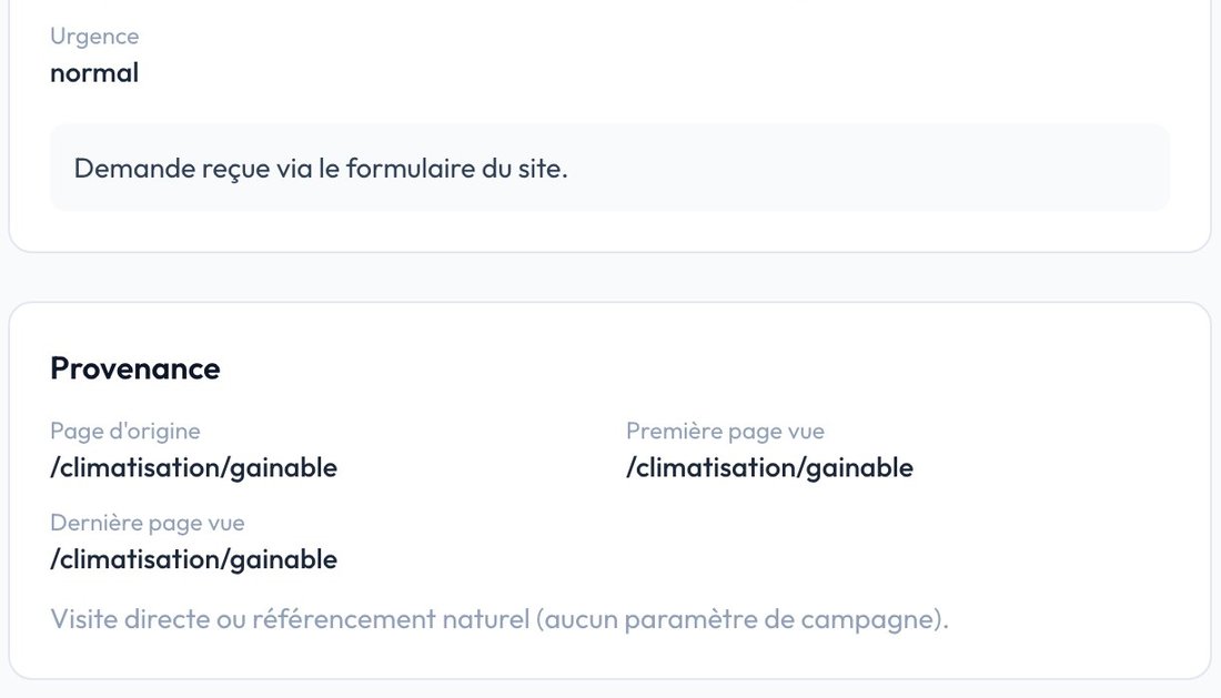 Fiche client : la demande reçue et la page du site d'où elle vient